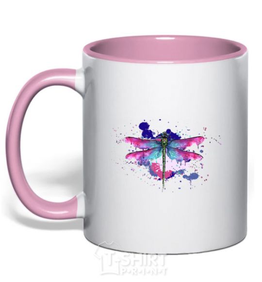 Mug with a colored handle Dragonfly light-pink фото