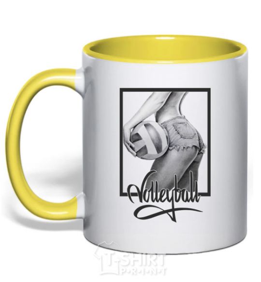 Mug with a colored handle The girl with the volleyball yellow фото