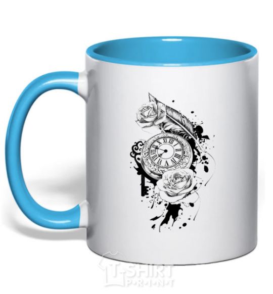 Mug with a colored handle Rose Clock sky-blue фото