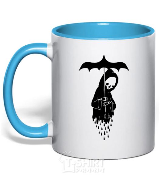 Mug with a colored handle Raining death sky-blue фото