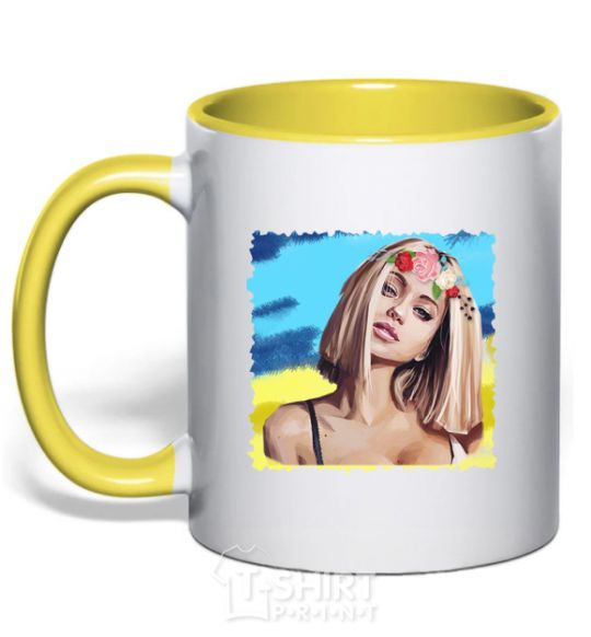 Mug with a colored handle The girl in the wreath yellow фото