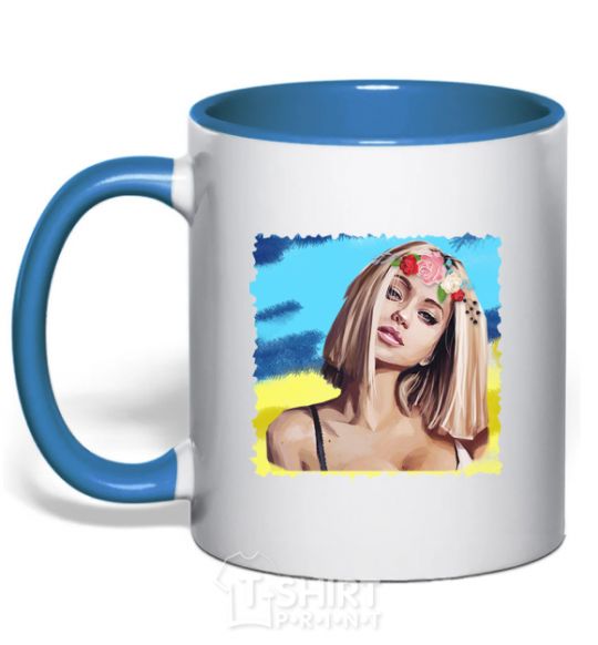 Mug with a colored handle The girl in the wreath royal-blue фото