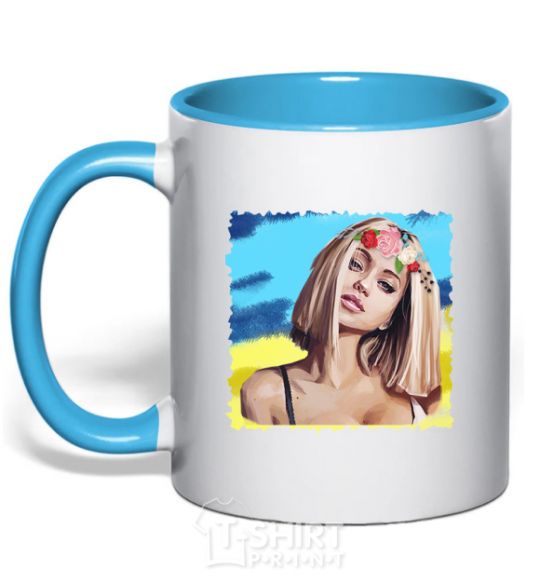Mug with a colored handle The girl in the wreath sky-blue фото