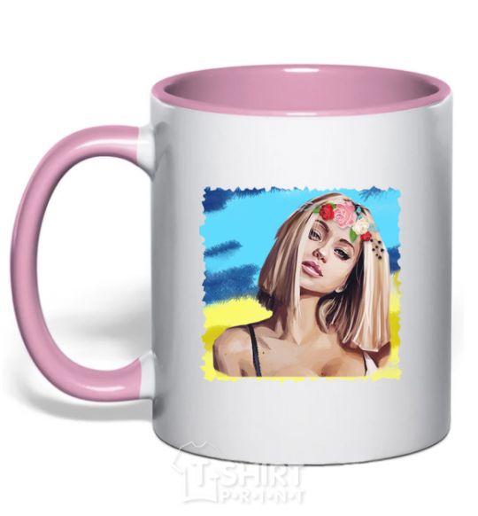 Mug with a colored handle The girl in the wreath light-pink фото