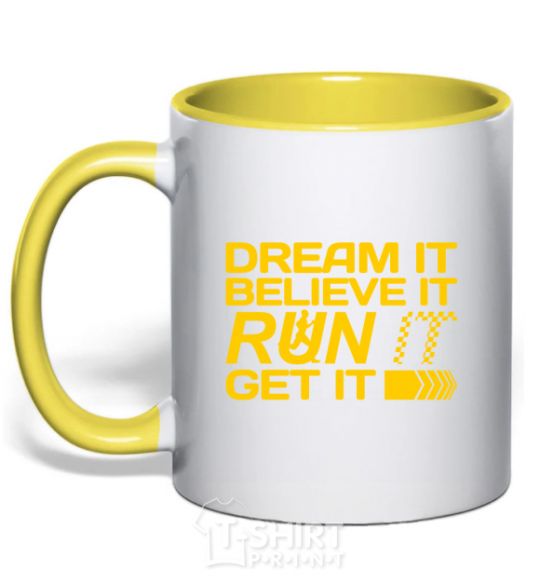 Mug with a colored handle Dream it believe it yellow фото