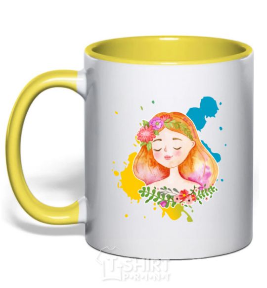 Mug with a colored handle Ukrainian girl splash yellow фото
