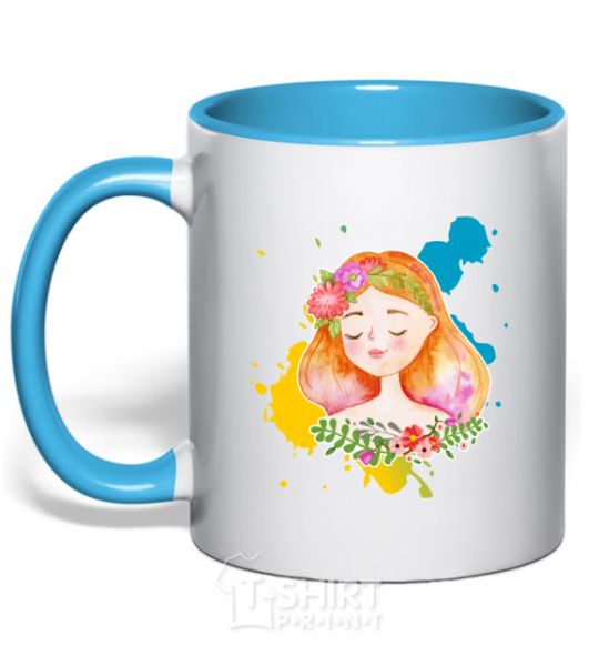 Mug with a colored handle Ukrainian girl splash sky-blue фото