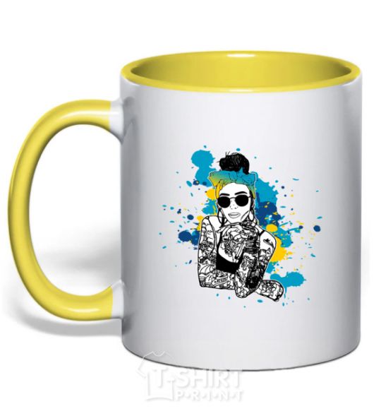 Mug with a colored handle Ukrainian swag girl splash yellow фото