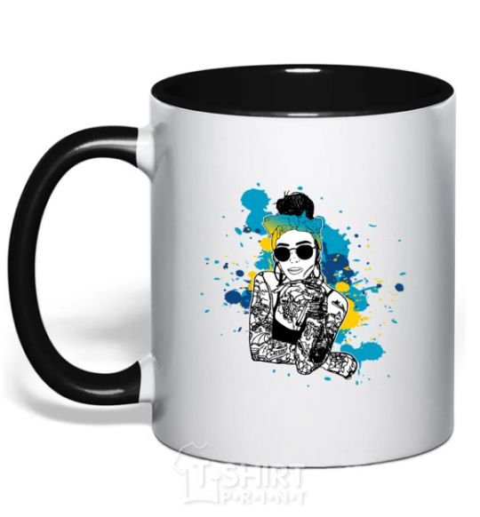 Mug with a colored handle Ukrainian swag girl splash black фото