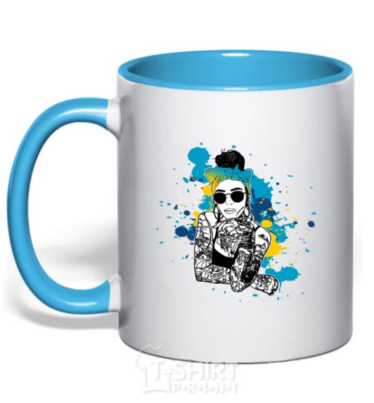 Mug with a colored handle Ukrainian swag girl splash sky-blue фото