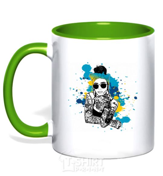 Mug with a colored handle Ukrainian swag girl splash kelly-green фото