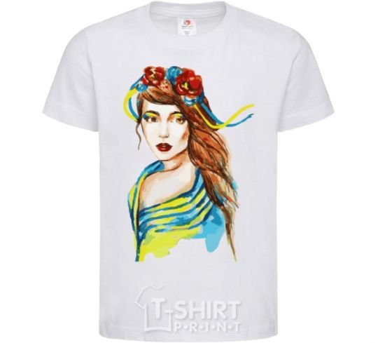 Kids T-shirt Ukrainian woman in the flag White фото