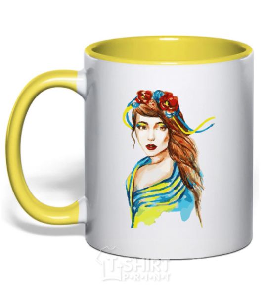Mug with a colored handle Ukrainian woman in the flag yellow фото