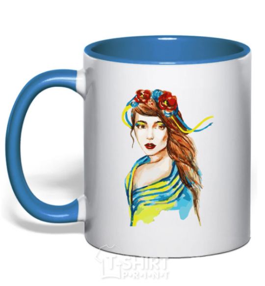 Mug with a colored handle Ukrainian woman in the flag royal-blue фото