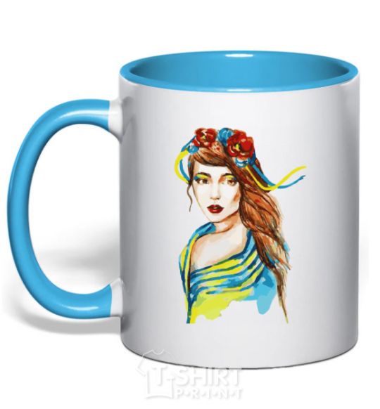 Mug with a colored handle Ukrainian woman in the flag sky-blue фото