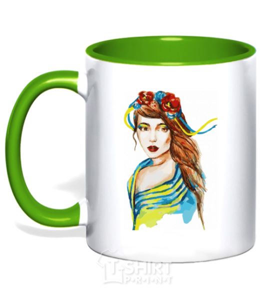 Mug with a colored handle Ukrainian woman in the flag kelly-green фото