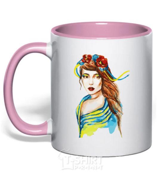 Mug with a colored handle Ukrainian woman in the flag light-pink фото