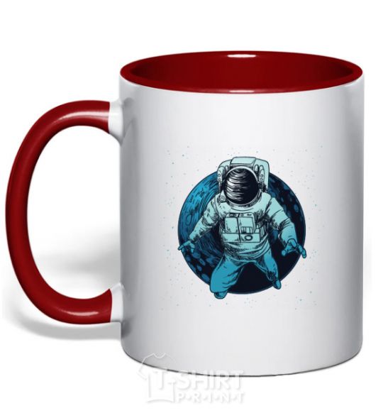 Mug with a colored handle The astronaut and the moon red фото