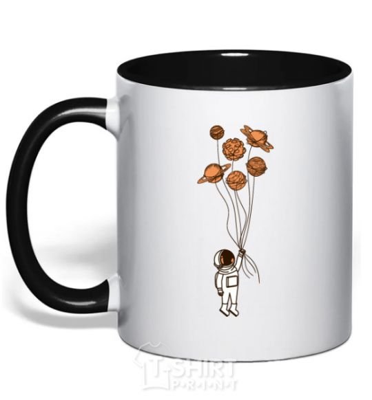 Mug with a colored handle An astronaut with balls of planets black фото