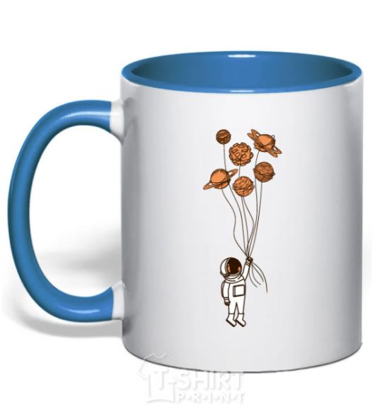 Mug with a colored handle An astronaut with balls of planets royal-blue фото