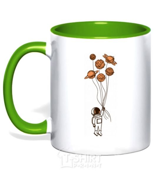 Mug with a colored handle An astronaut with balls of planets kelly-green фото