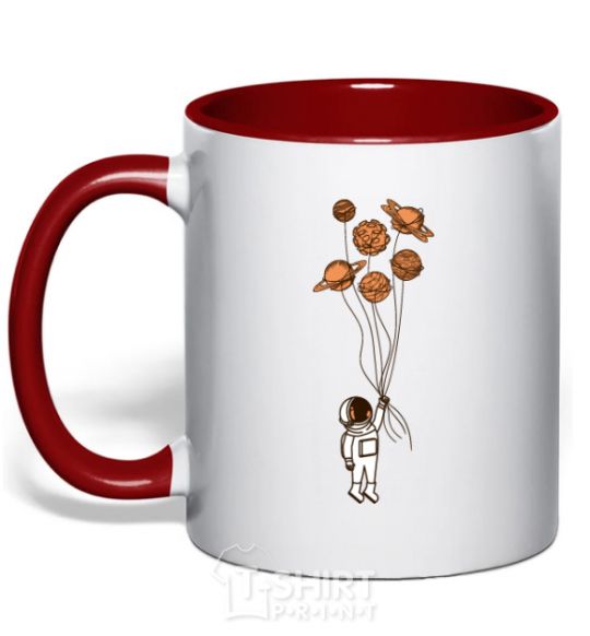 Mug with a colored handle An astronaut with balls of planets red фото