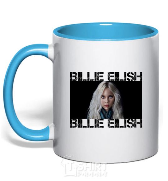 Mug with a colored handle Billie Eilish promo sky-blue фото