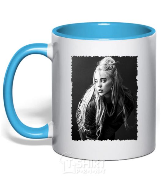 Mug with a colored handle Billie Eilish sky-blue фото