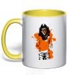 Mug with a colored handle A lion in a cap yellow фото