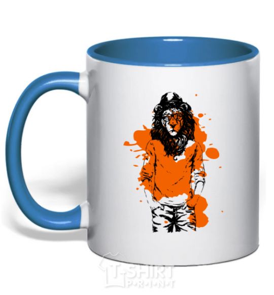 Mug with a colored handle A lion in a cap royal-blue фото
