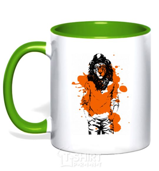 Mug with a colored handle A lion in a cap kelly-green фото