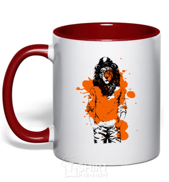 Mug with a colored handle A lion in a cap red фото