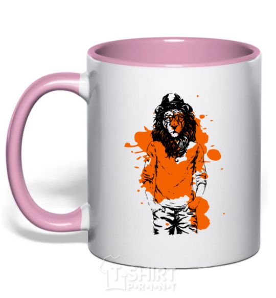 Mug with a colored handle A lion in a cap light-pink фото