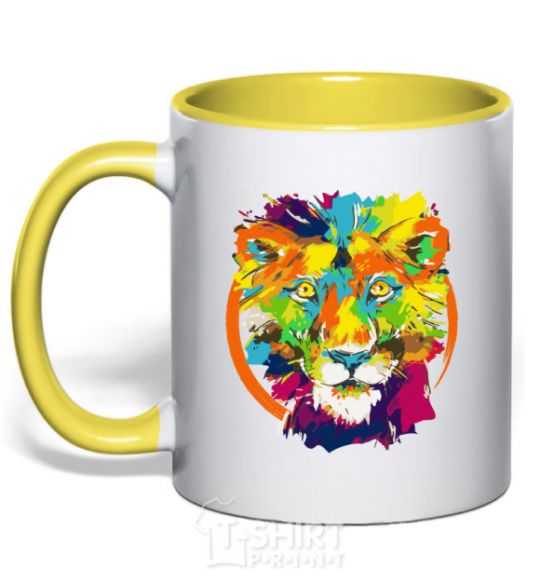 Mug with a colored handle Lioness yellow фото