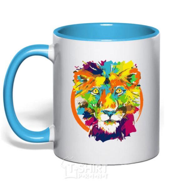 Mug with a colored handle Lioness sky-blue фото