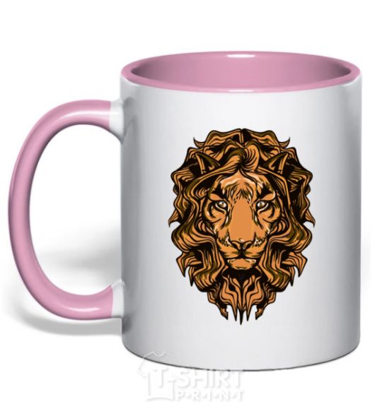 Mug with a colored handle Lion's head light-pink фото