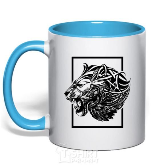 Mug with a colored handle Tiger frame black sky-blue фото