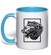 Mug with a colored handle Tiger frame black sky-blue фото