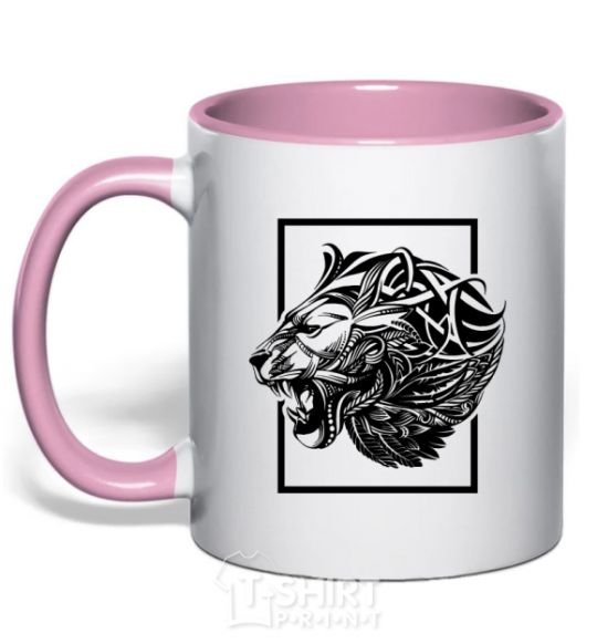 Mug with a colored handle Tiger frame black light-pink фото