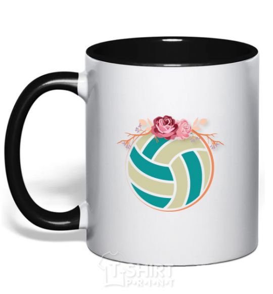 Mug with a colored handle A volleyball with roses black фото