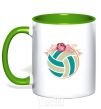 Mug with a colored handle A volleyball with roses kelly-green фото