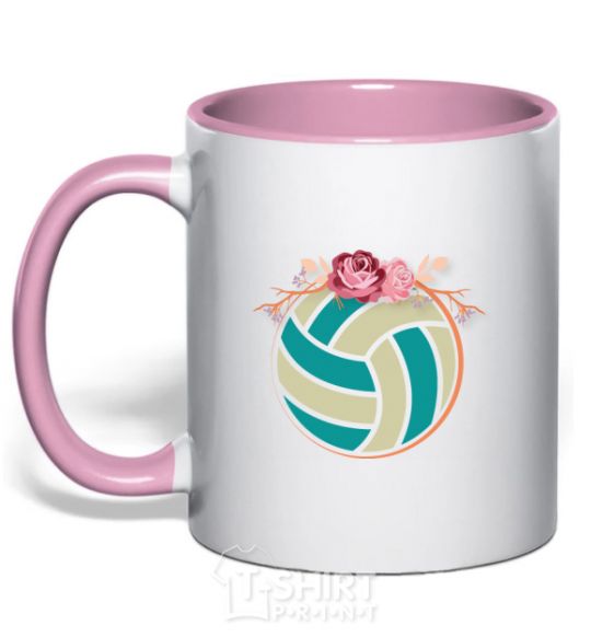 Mug with a colored handle A volleyball with roses light-pink фото