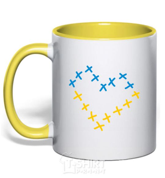 Mug with a colored handle Heart of crosses yellow фото