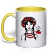 Mug with a colored handle Ukrainian viburnum V.1 yellow фото