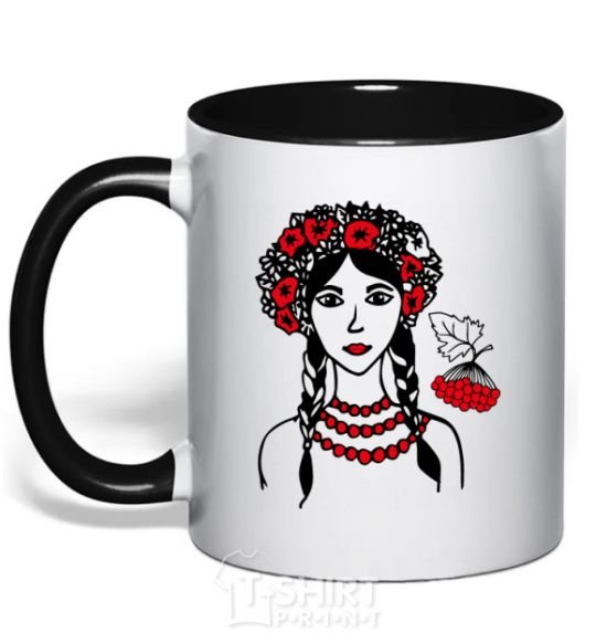 Mug with a colored handle Ukrainian viburnum V.1 black фото