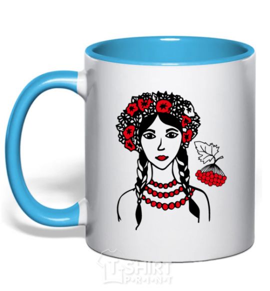 Mug with a colored handle Ukrainian viburnum V.1 sky-blue фото