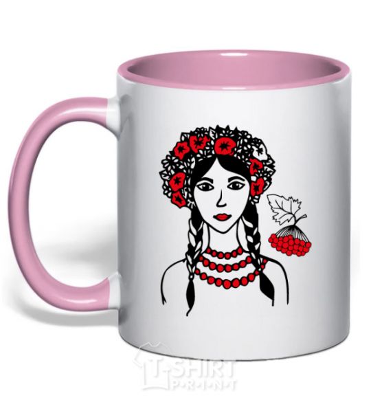 Чашка с цветной ручкой Українка калина V.1 Нежно розовый фото