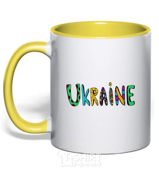 Mug with a colored handle Ukraine text yellow фото