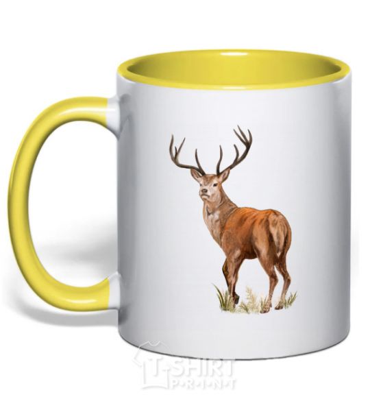 Mug with a colored handle Reindeer drawing yellow фото