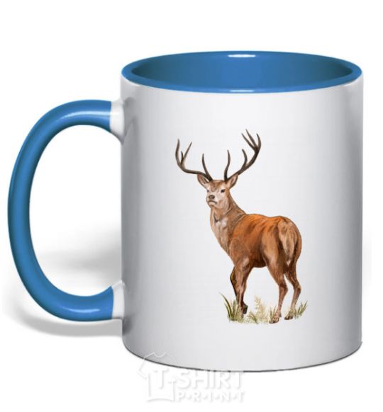 Mug with a colored handle Reindeer drawing royal-blue фото